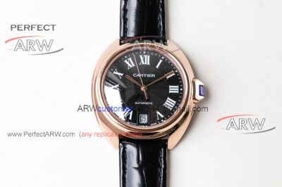 Perfect Replica Cartier Rose Gold Ladies Watch with Black Leather Strap